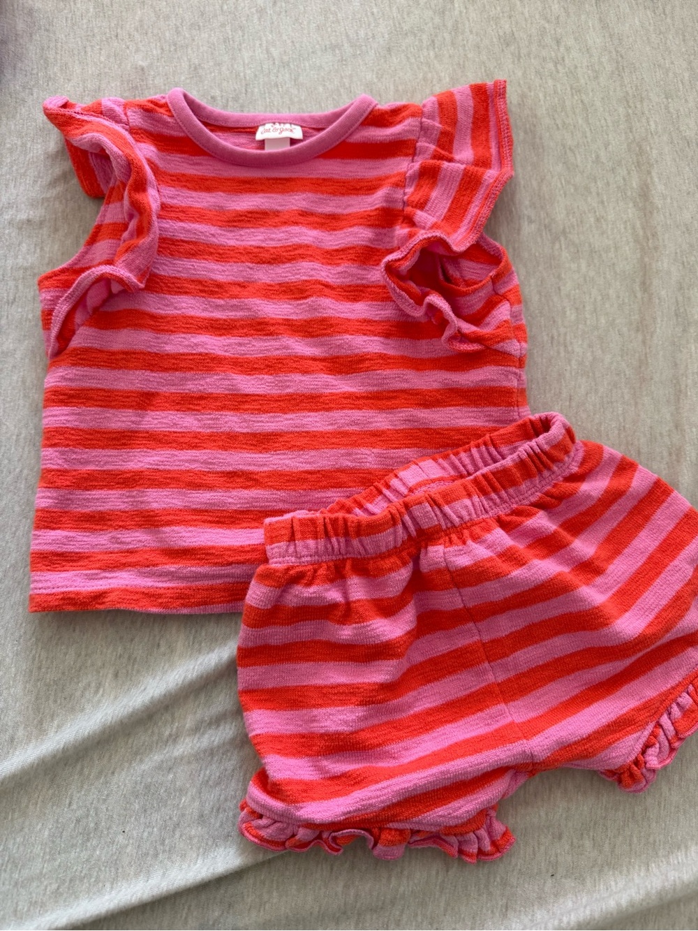 Cat & Jack Pink and Red Striped Ruffle Sleeve Top and Shorts Set